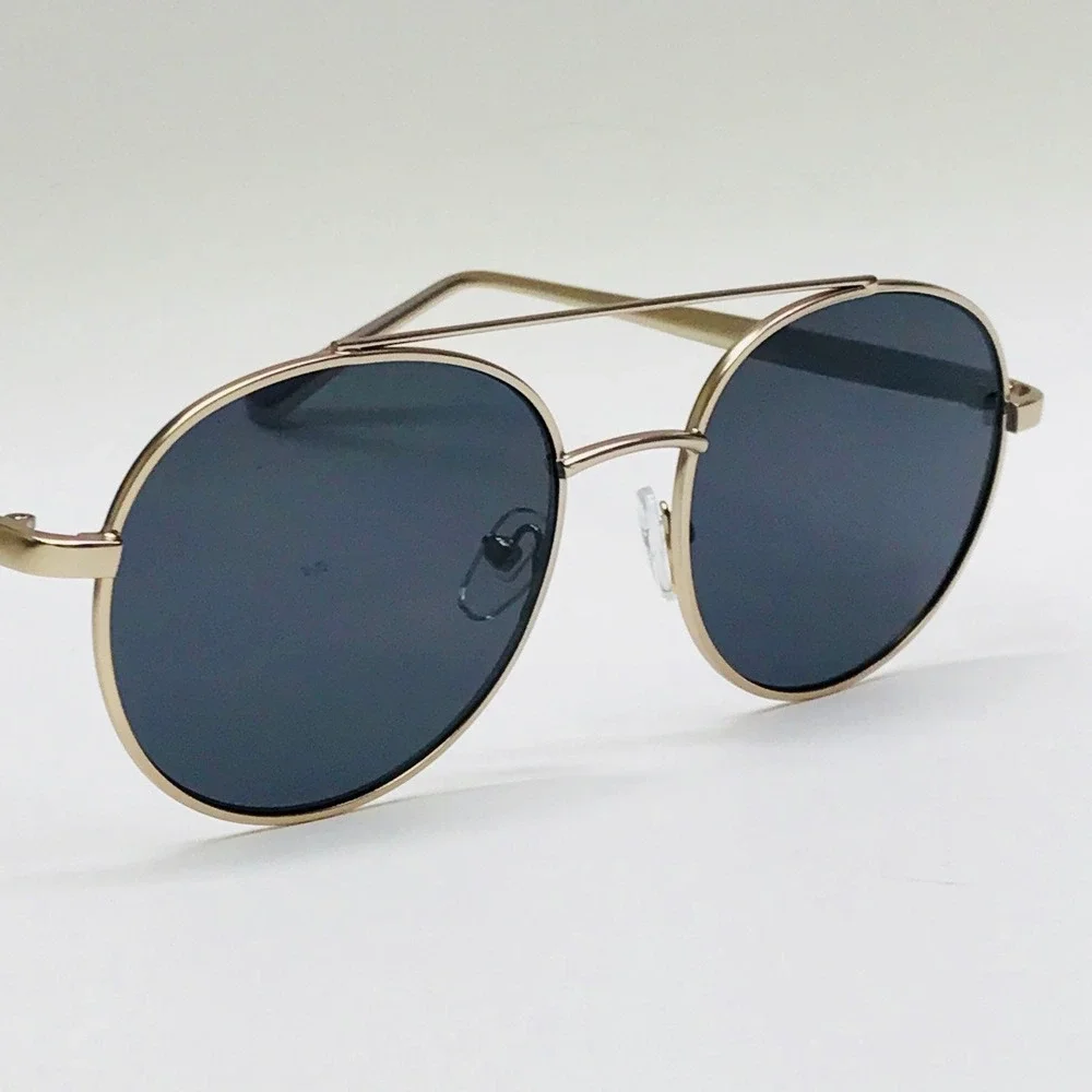 Round Sunglasses for‎ Men Gold Frame Pilot Style Fashion Shades Dark Black Lens